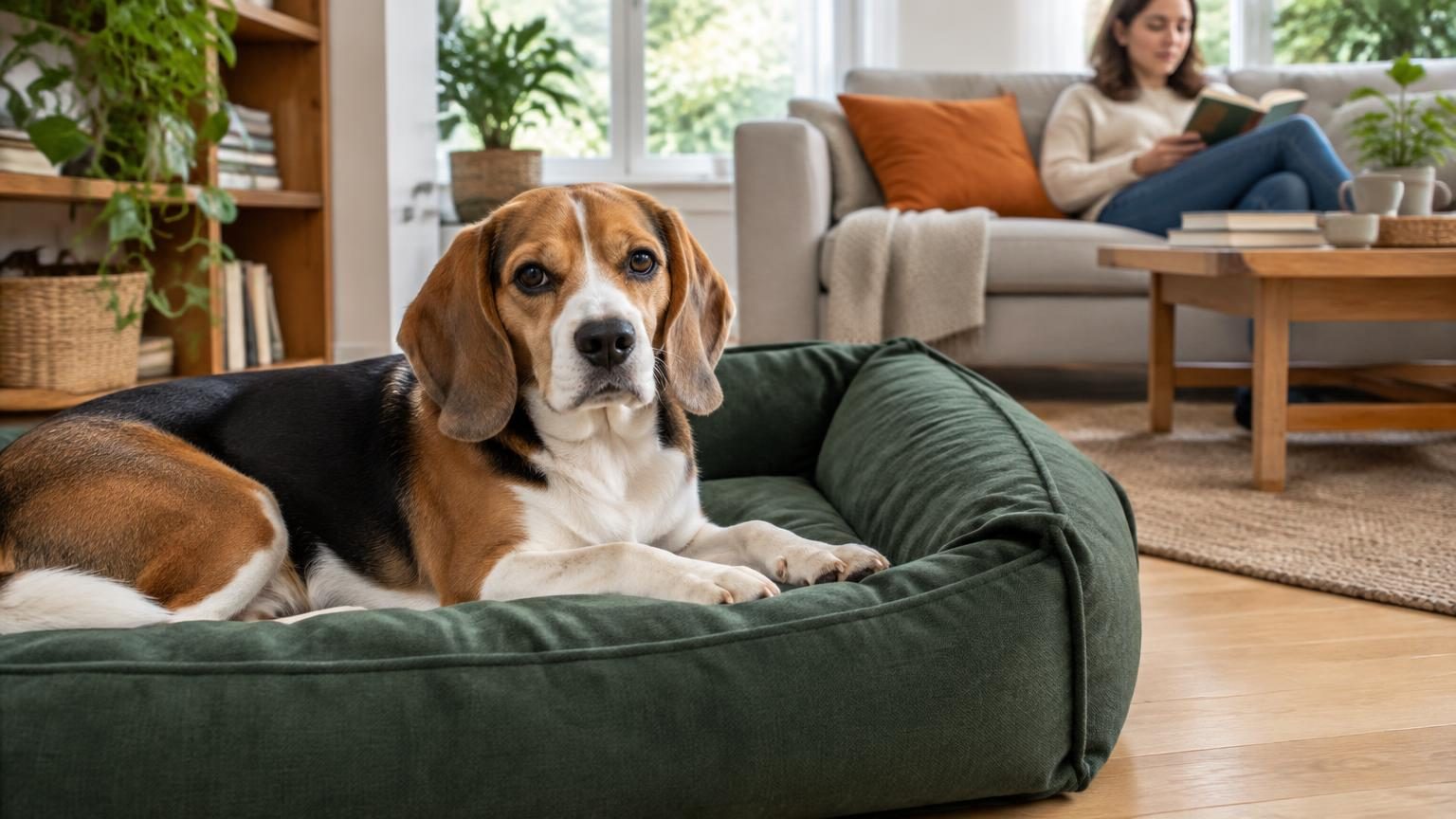 Adult tricolor Beagle resting awake on a green dog bed with its owner seated quietly on a sofa in the background.