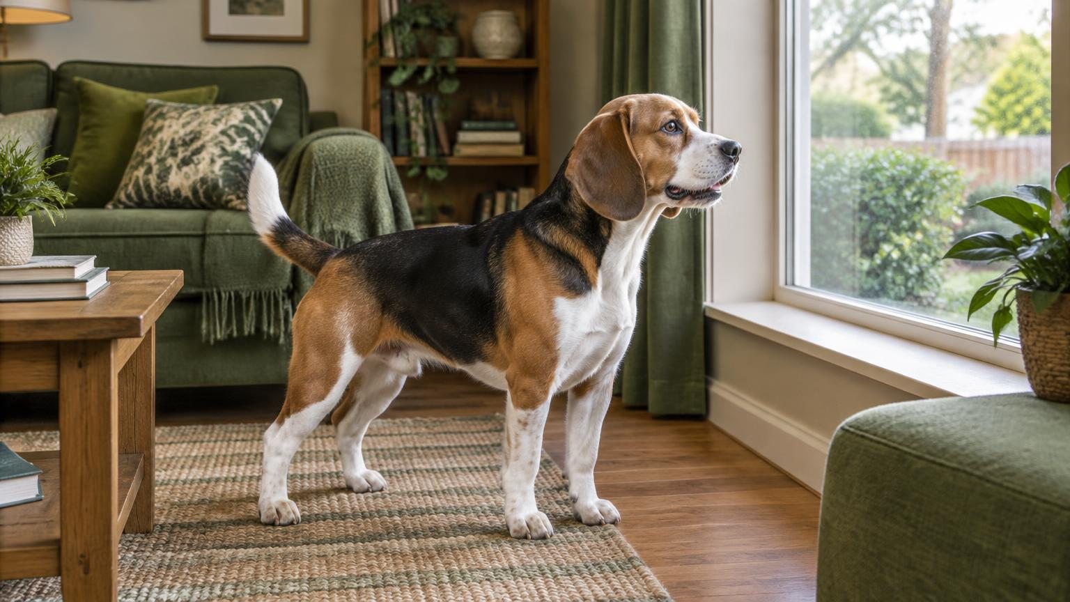 Adult tricolor Beagle standing alert beside a living-room window, looking outside with relaxed posture and a slightly open mouth.