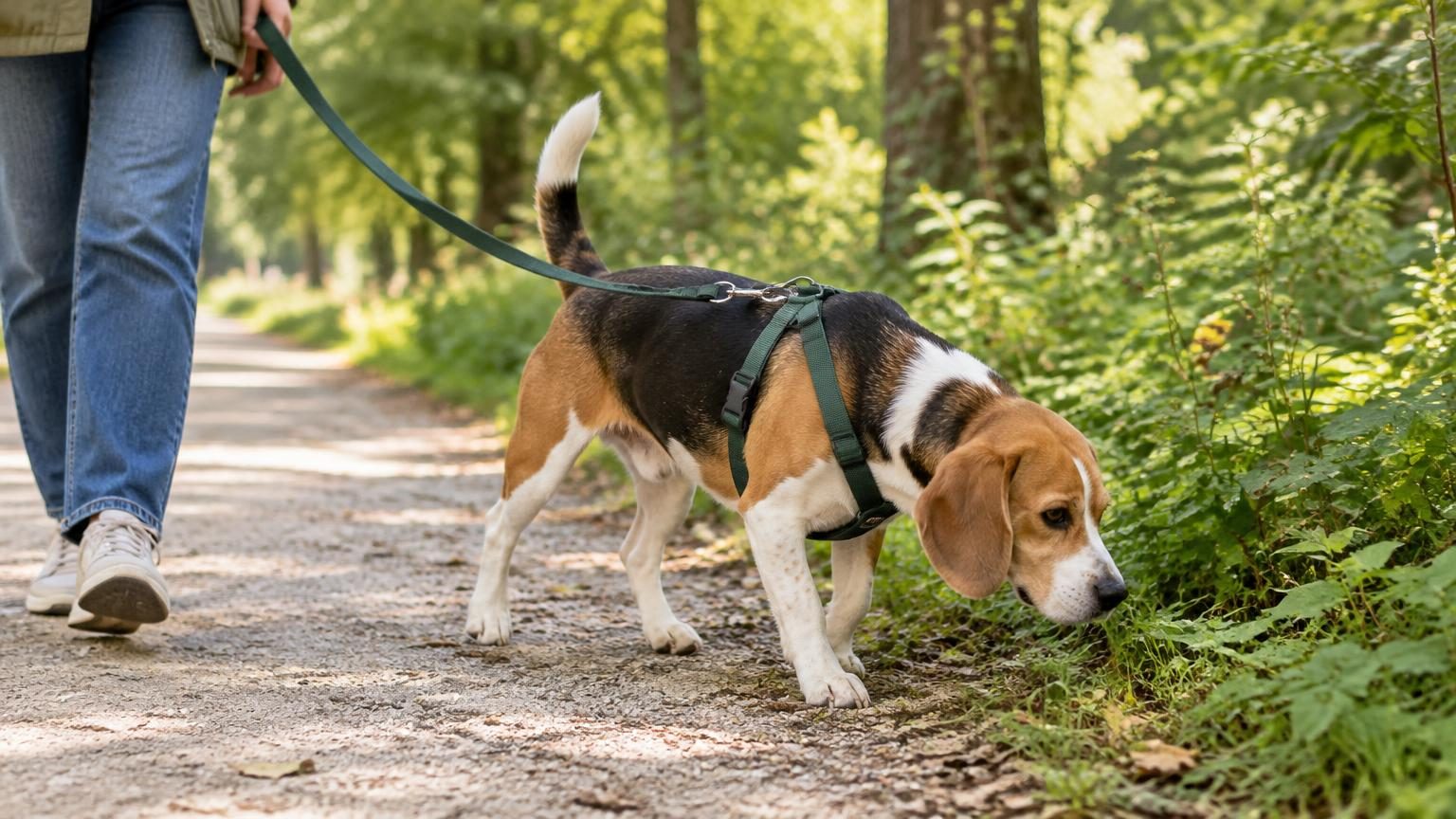 Adult tricolor Beagle in a green harness sniffing beside a leafy park path on a loose leash held by its owner.
