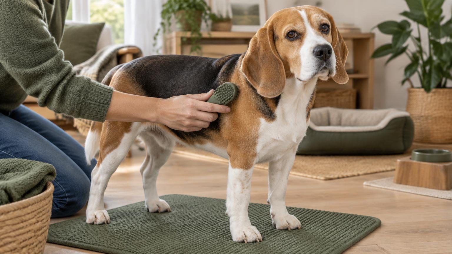 Adult tricolor Beagle standing on a nonslip mat while a person gently brushes its shoulder with a rubber grooming brush.