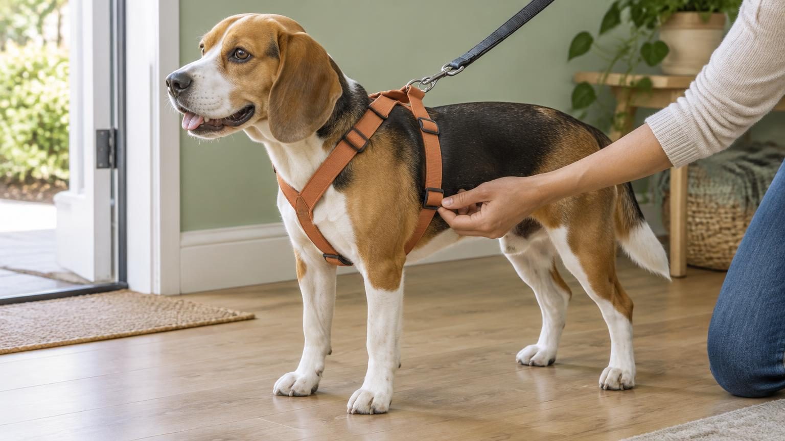 Adult tricolor Beagle wearing an orange walking harness while a person checks the side strap fit near a bright doorway.