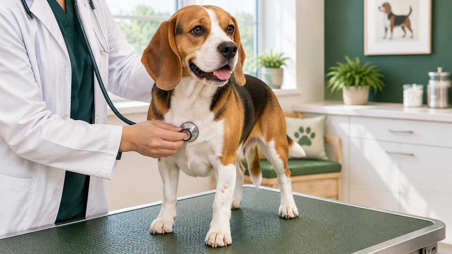 Adult tricolor Beagle standing calmly on a nonslip examination table while a veterinary professional listens to its chest.