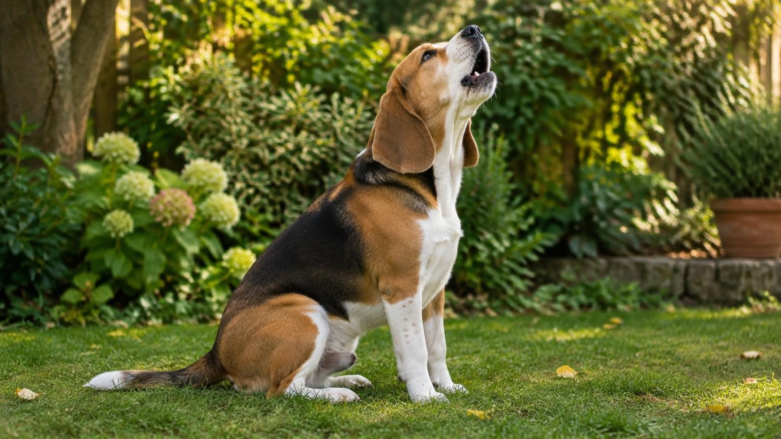 Adult tricolor Beagle sitting in a leafy garden with its muzzle lifted and mouth open in a howl, its body relaxed.