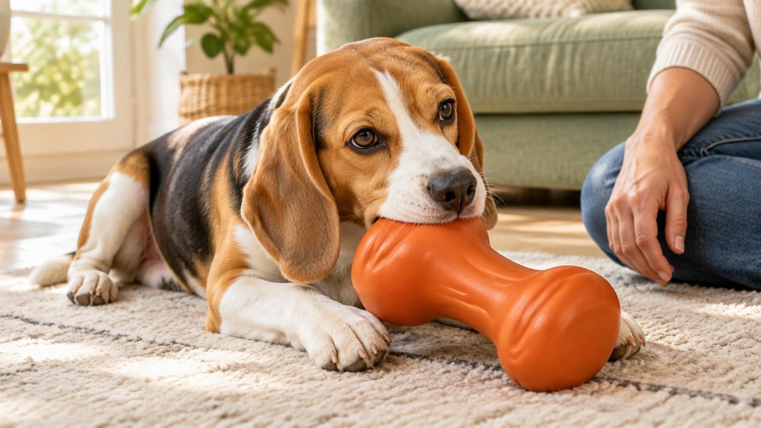 Tricolor Beagle gently mouthing a large orange rubber chew toy on a rug while a person supervises.
