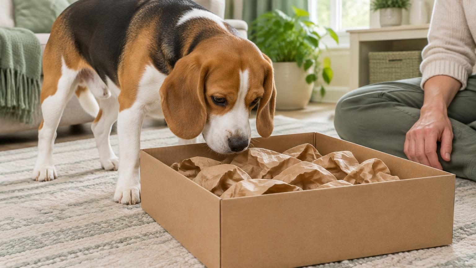 Adult Beagle sniffing an open cardboard box of loosely crumpled paper with a person supervising nearby.
