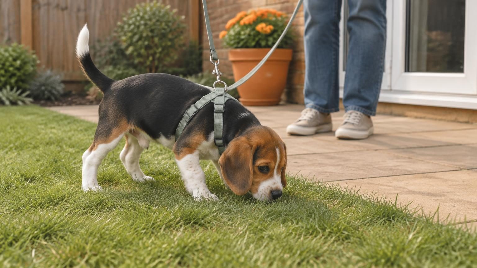 Beagle puppy sniffing garden grass beside a patio door, wearing a harness and supervised on a slack leash.