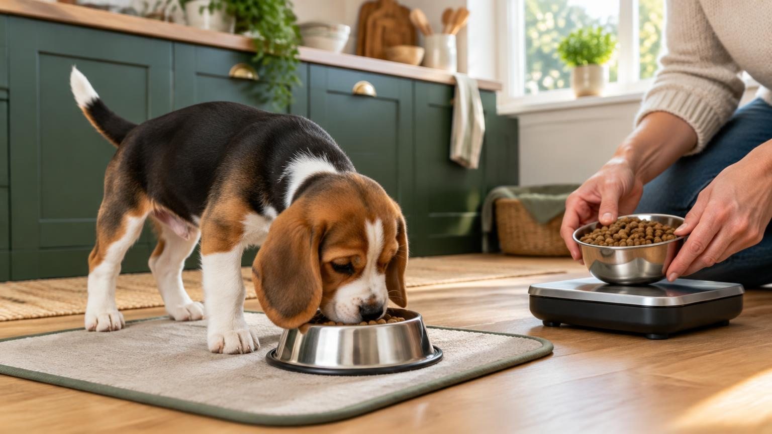 Tricolor Beagle puppy eating from a metal bowl while an owner measures another bowl of kibble on a kitchen scale.