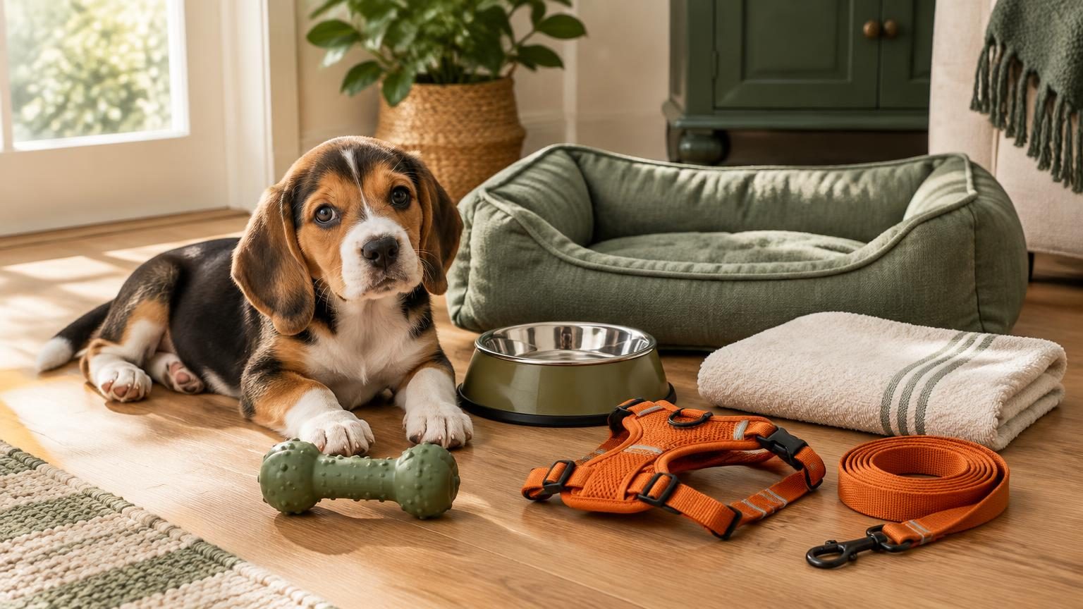 Tricolor Beagle puppy beside a green bed, water bowl, orange harness, leash and puppy toy.