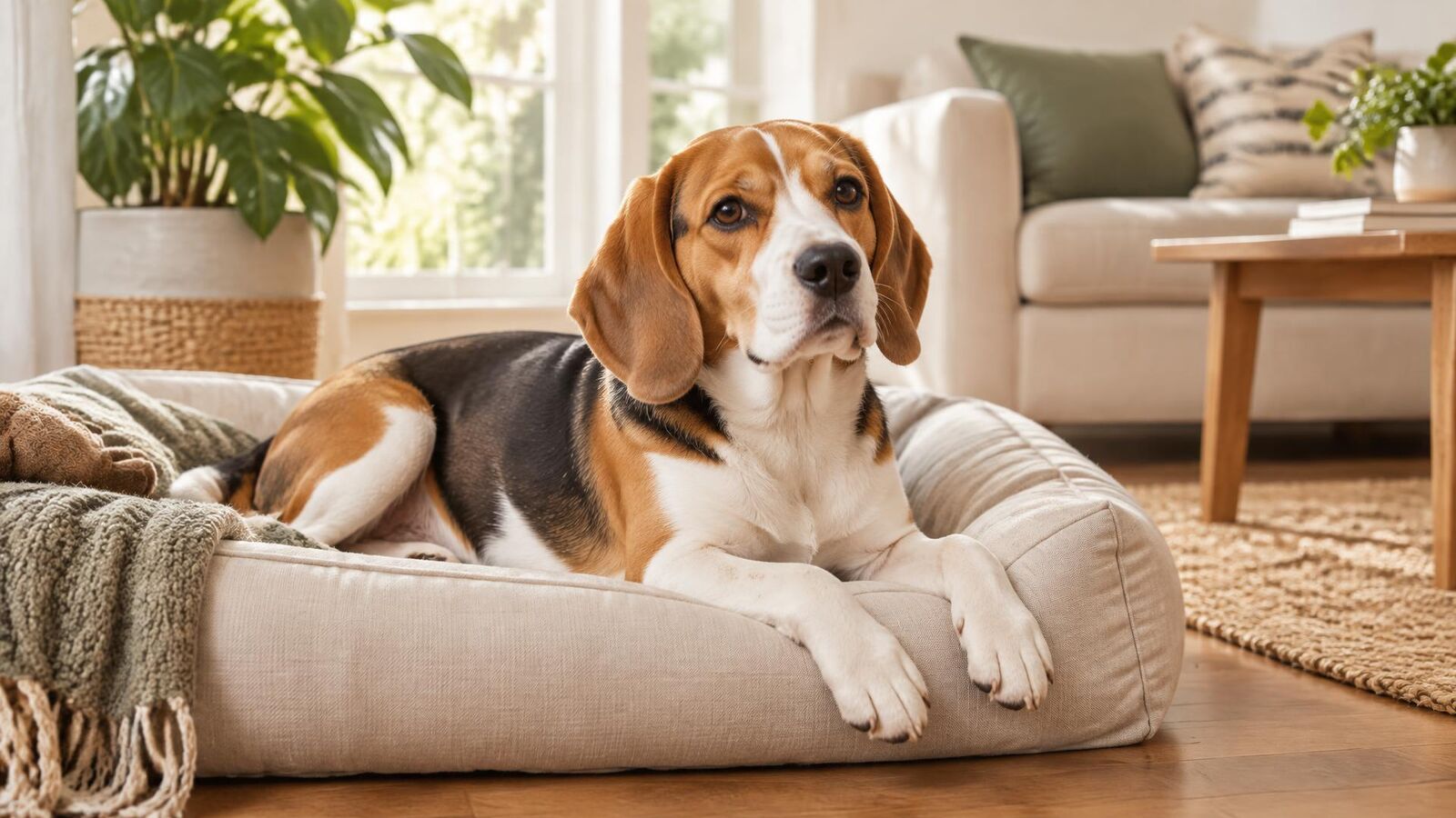 Adult tricolor Beagle resting on a cream dog bed in a bright, sunlit living room