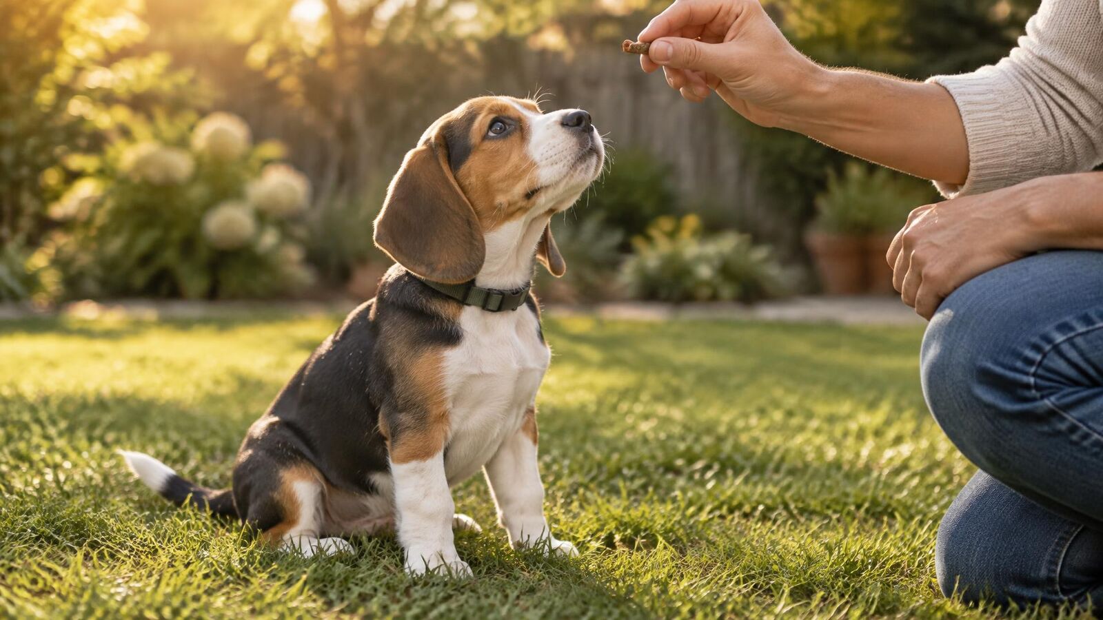 Beagle puppy sitting on a garden lawn looking up at its owner, who holds a small treat