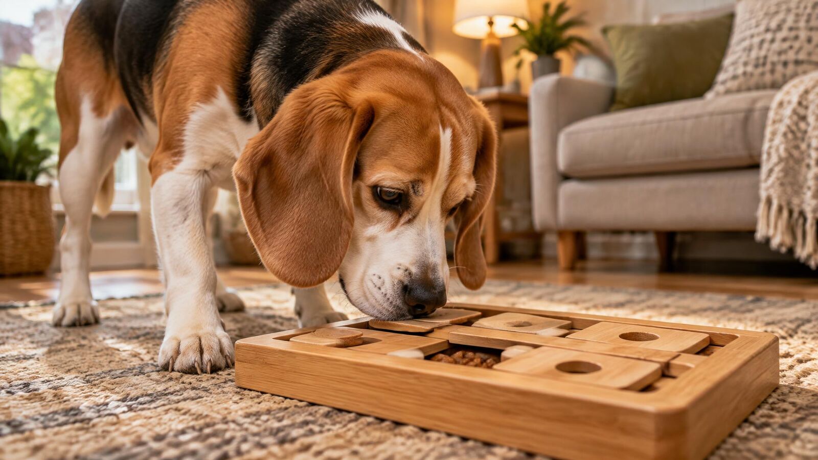 Adult Beagle nosing the sliding lids of a wooden treat puzzle board on a living room rug
